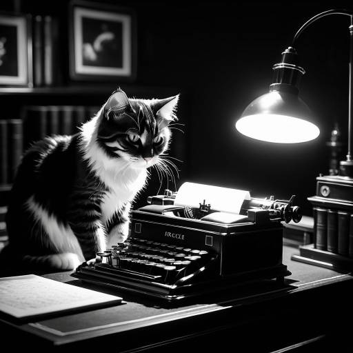 Cat at Vintage Typewriter in Noir Room