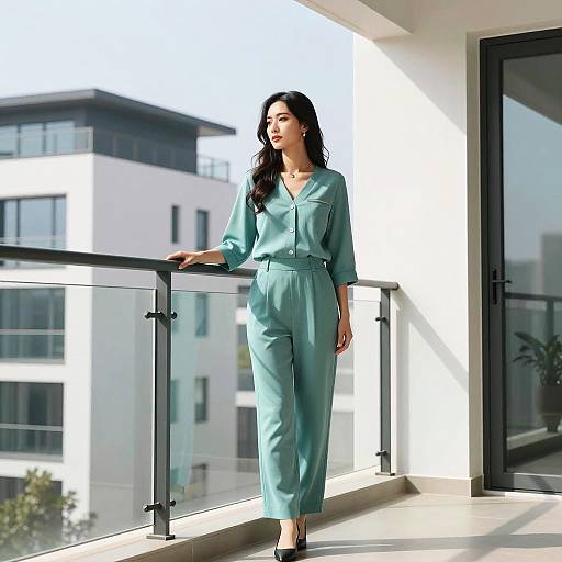 Woman in Teal Outfit on Balcony