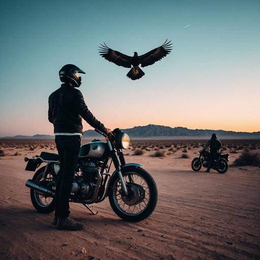 Motorcyclists in Desert Twilight with Flying Bird