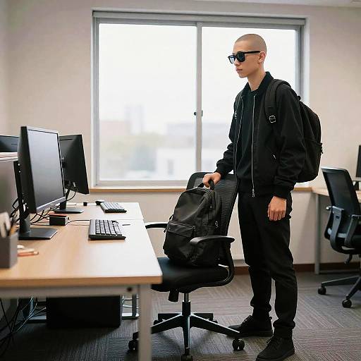 Bald Man Working Indoors with Sunglasses