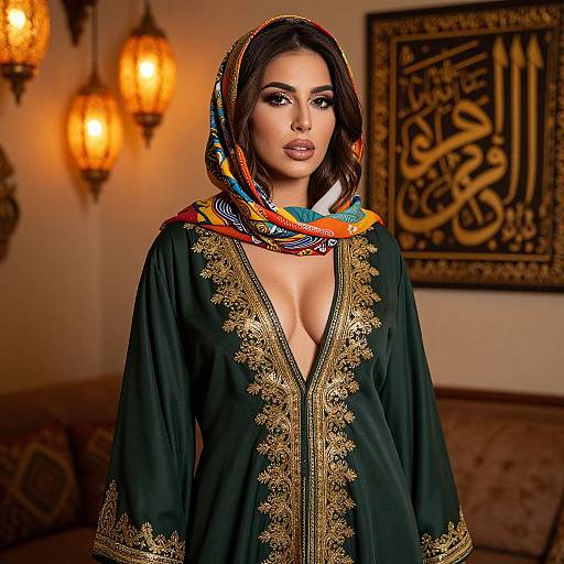 Photograph of a beautiful Middle Eastern woman with dark hair, wearing a colorful headscarf and ornate green robe, standing in an ornately decorated