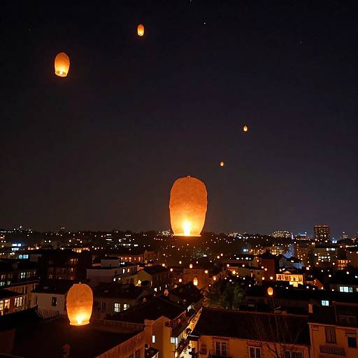 Night photograph of a cityscape with glowing orange paper lanterns floating above, illuminating dark rooftops and scattered lights in the background.