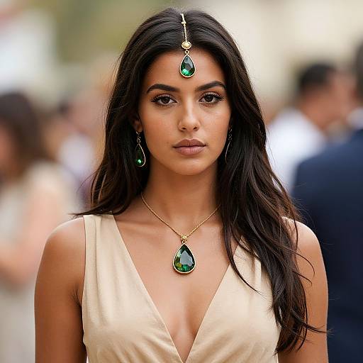 Photograph of a beautiful woman with long black hair, wearing a deep V-neck beige dress and green gemstone jewelry, standing in a blurred, outdoor
