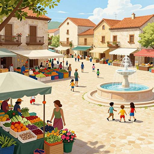 Vibrant digital illustration of a bustling European town square with a central fountain, market stalls, people of various ages, and colorful buildings under a bright