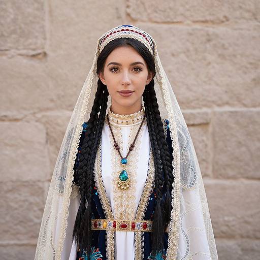 Woman in Traditional Dress by Stone Wall