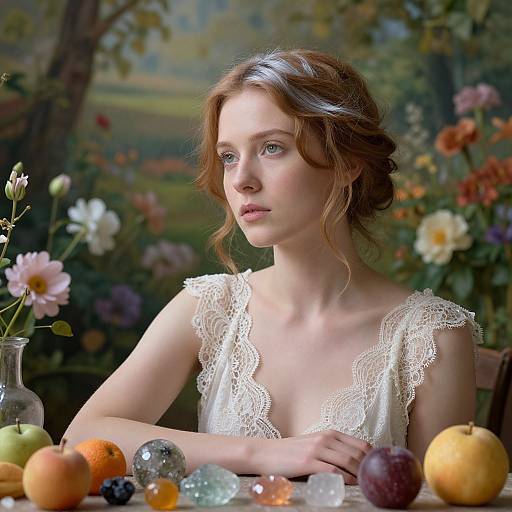 Photograph of a fair-skinned, red-haired woman in a lace white dress, surrounded by colorful fruits and flowers, with a blurred garden background.