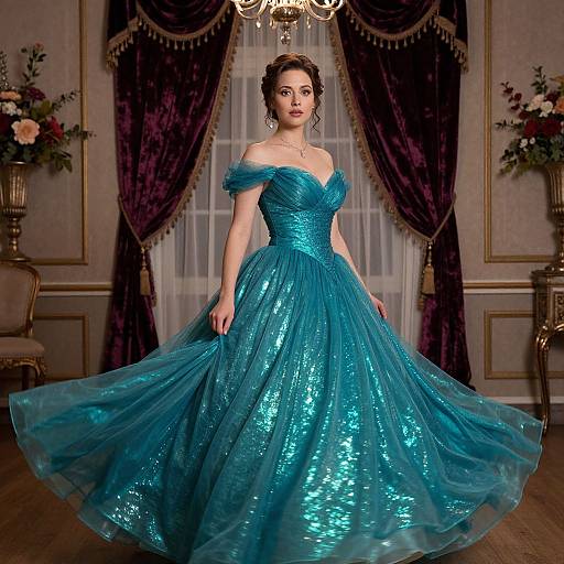 Photograph of a fair-skinned woman with dark brown hair in an off-shoulder, shimmering turquoise ball gown, standing in an elegant,