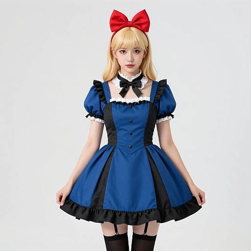 Photograph of a blonde woman in a blue Alice in Wonderland-style dress with black trim, white collar, red bow, black garters, and thigh