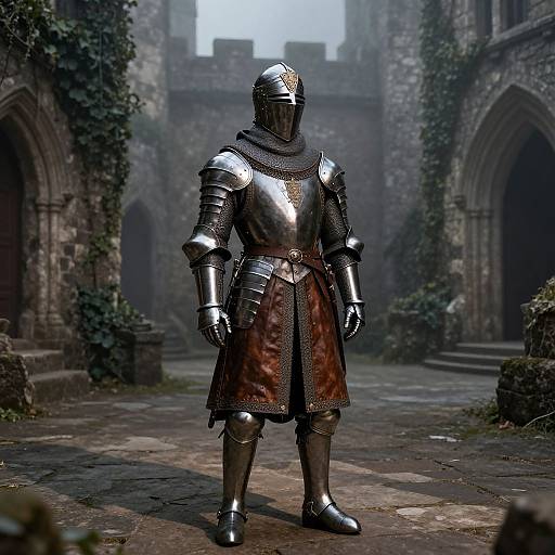 Medieval Armor Mannequin in Ancient Castle Courtyard