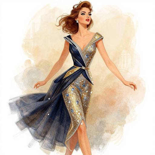 Digital illustration of a glamorous woman in a sparkling blue and gold dress with a flowing skirt, red lipstick, and wavy brown hair, standing against a