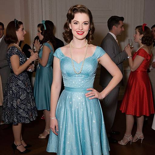 Photograph of a 1940s-style party: A fair-skinned woman with dark brown hair in a teal vintage dress and pearl necklace, smiling