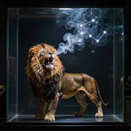 Photorealistic digital image of a roaring lion with a majestic mane, emitting blue smoke and constellations from its mouth, displayed in a glass cube