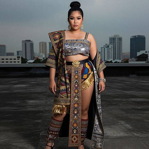 Photograph of a confident Black woman with a high bun, wearing an intricate, silver and colorful traditional African outfit, standing on a rooftop with a city