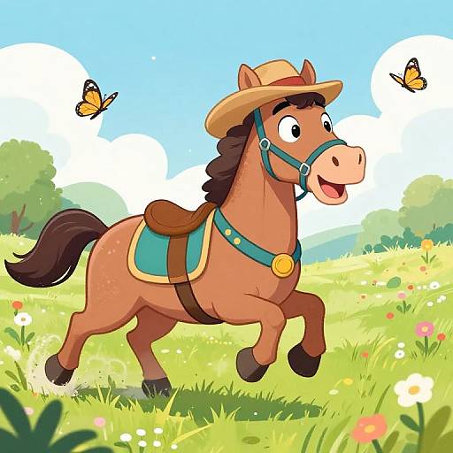 Cartoon horse with brown coat, green saddle, and cowboy hat, happily prancing in a colorful meadow with butterflies and flowers.