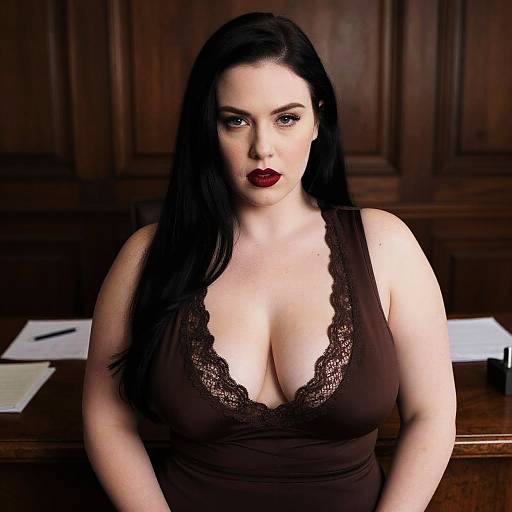 Photograph of a pale-skinned, curvy woman with long black hair, wearing a low-cut brown lace top, dark red lipstick, sitting at