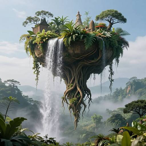 Fantasy CGI image of a floating island with a waterfall, lush greenery, and ancient temple-like structures, set amidst a misty jungle landscape.