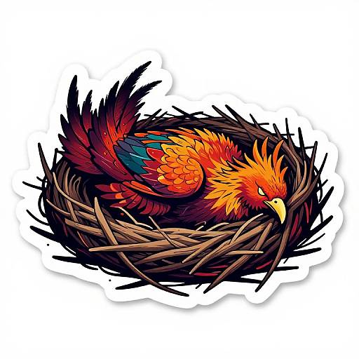 Vibrant digital illustration of a fiery red and orange bird with blue wings, nestled in a dark, intricately woven nest.