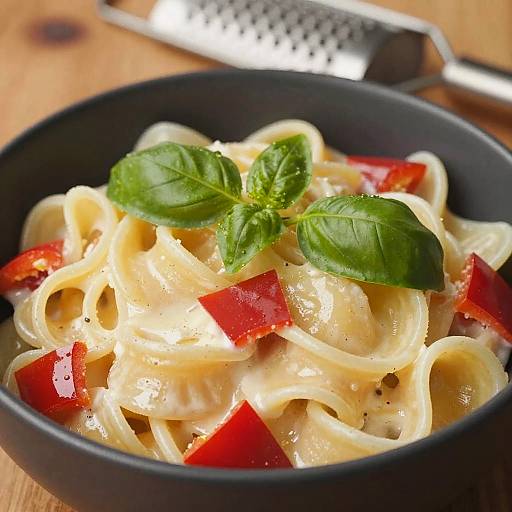 Photograph of creamy fettuccine pasta with red bell pepper chunks and fresh basil leaves in a black bowl, topped with grated cheese, on a