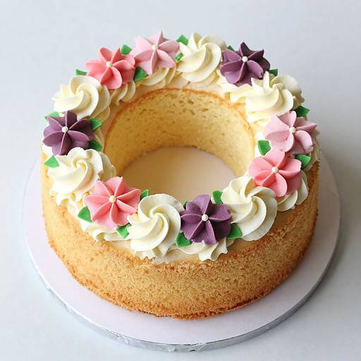 Photograph of a round, golden sponge cake with white frosting swirls and pink and purple flower-shaped decorations, on a white plate.
