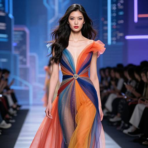 Photograph of an Asian female model on a neon-lit runway, wearing a vibrant, sheer, one-shoulder dress with orange, blue,
