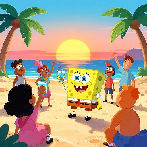 Cartoon beach scene with SpongeBob and friends, palm trees, sunset, and ocean; colorful, vibrant, animated style.