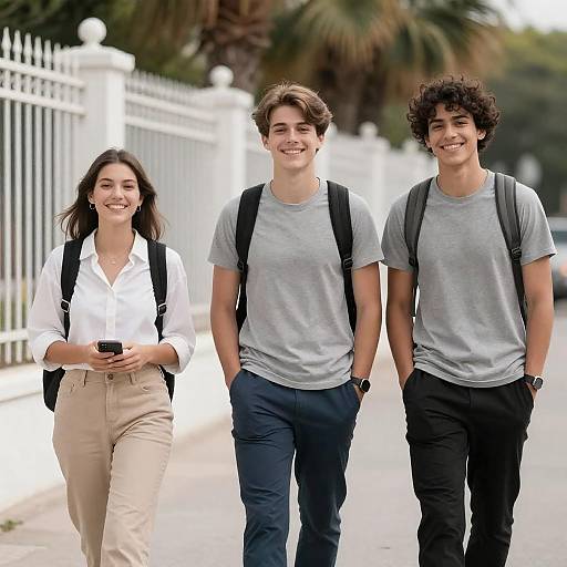 Cheerful Trio Strolling Outdoors Together