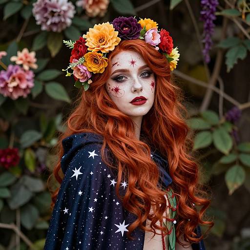 Photograph of a fair-skinned woman with long red hair, floral headband, star-patterned cloak, and red makeup, set against a vibrant