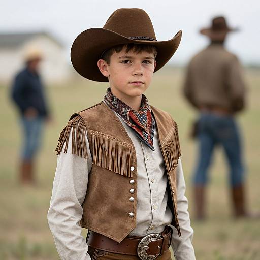 Photograph of a young boy in a brown cowboy vest, fringed jacket, and hat, standing in a grassy field with blurred adults in the