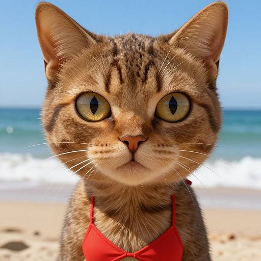 Photograph of a tabby cat with yellow eyes, wearing a red bikini, standing on a sunny beach with a blue ocean and clear sky in the
