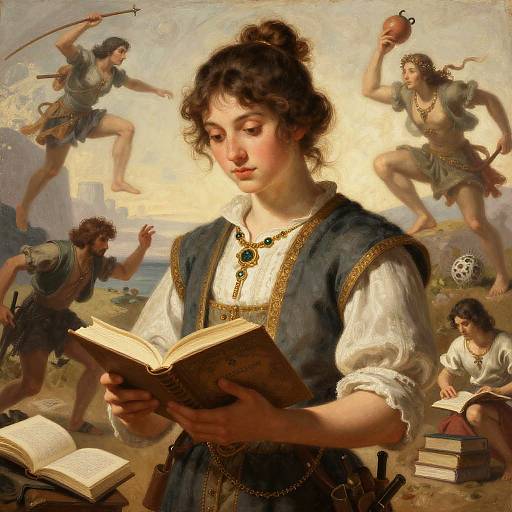 Classical oil painting of a young woman with curly brown hair reading, surrounded by mythological figures with scrolls and books.