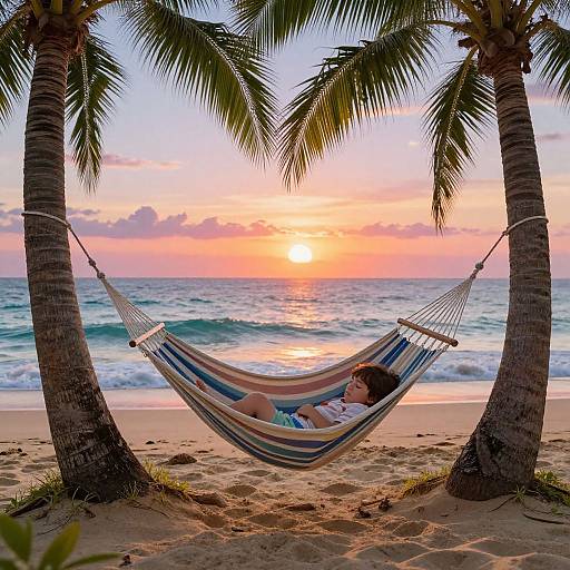 Photograph of a person lounging in a striped hammock between two palm trees, watching a vibrant sunset over a calm ocean.