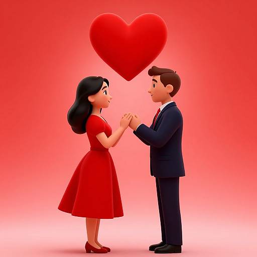 Cartoon couple in red dress and suit, holding hands under large red heart, against gradient red background, in 3D digital art style.