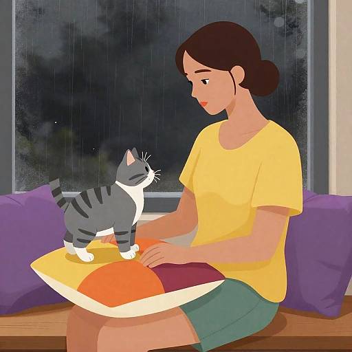 Gentle Woman with Cat by Window
