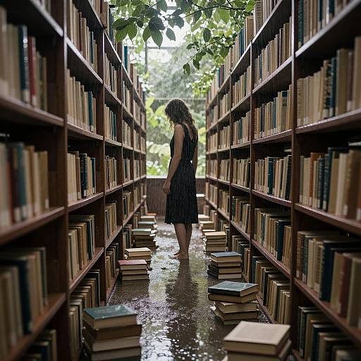 Photograph of a woman in a black dress standing in a flooded, narrow library aisle with bookshelves on both sides, sunlight filtering through green leaves