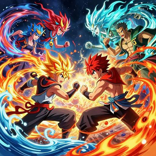 Dynamic anime battle scene: four fighters with fiery and icy abilities face off, surrounded by vibrant flames and blue energy.