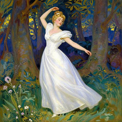 A beautiful blonde woman in a flowing white dress dances gracefully in a vibrant, dark forest with colorful flowers and trees. (Impressionist painting)