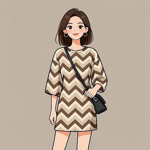Smiling Woman in Trendy Zigzag Dress