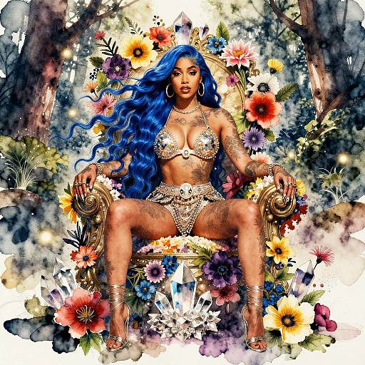 Digital artwork of a tattooed, blue-haired woman in a glittery bikini, sitting confidently on a floral throne with vibrant flowers.