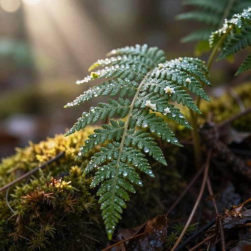 Dewy Fern with Blossoms at Dawn