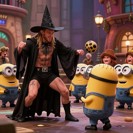Digital artwork of a long-haired man in a witch hat and black robe, dancing with Minions in a colorful, whimsical street.