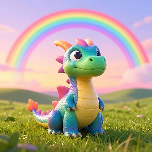 CGI dragon with turquoise scales, yellow belly, and pink spikes sitting on green grass; background features vibrant rainbow and blue sky.