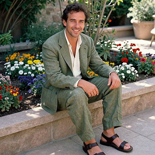 Man in Olive Green Linen Suit Sitting by Garden