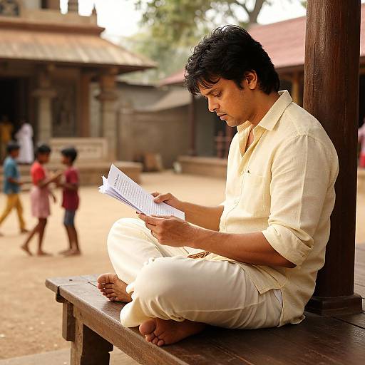 Photograph of a young Indian man with dark hair, wearing a cream-colored traditional outfit, sitting cross-legged on a wooden bench, reading a paper in