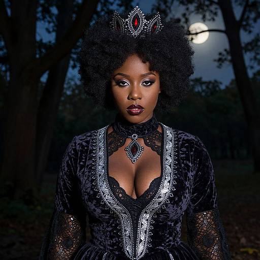 Photograph of a regal Black woman with afro, wearing a black lace gown with deep neckline, diamond necklace, and silver crown, set against