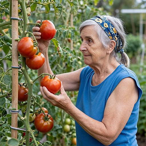 Photograph of an elderly woman with white hair, wearing a blue sleeveless top and patterned headscarf, picking ripe tomatoes from a vine in