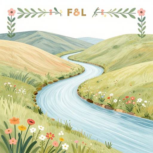 Digital illustration of a winding blue river through green hills with yellow grass, colorful flowers, and a clear sky. Text 