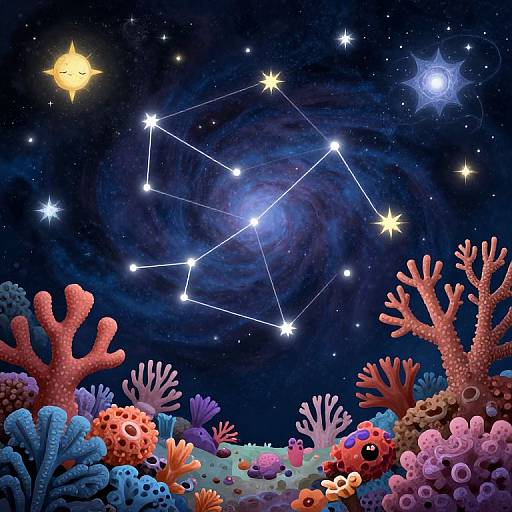 Digital illustration: Vibrant coral reef at night with colorful corals, starfish, and sea anemones under a starry sky featuring a constellation