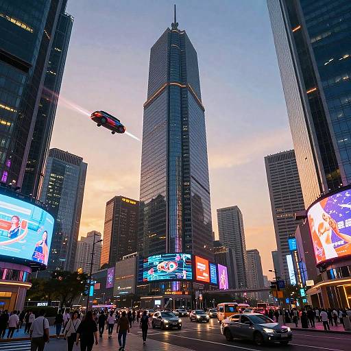 Photograph of a bustling New York City street at sunset, featuring a tall skyscraper, flying car, neon billboards, crowded sidewalks, and numerous