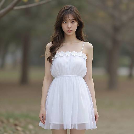 Photograph of a young Asian woman with long, dark brown hair wearing a white, sleeveless, floral-embellished, sheer dress standing in