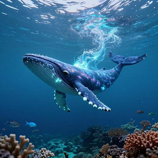 Photograph of a majestic blue whale swimming underwater, surrounded by glowing bioluminescence, corals, and small fish in a vibrant, deep-blue